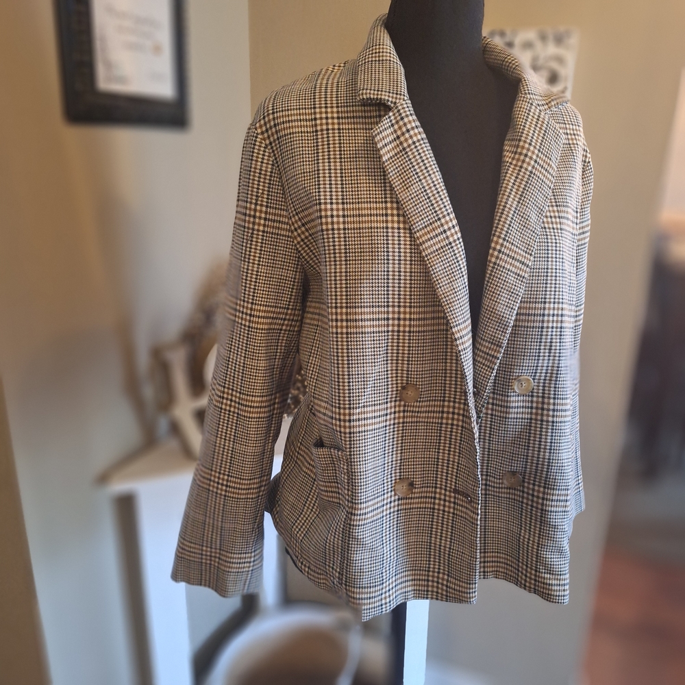 Zara Academia Women's Brown Cream Plaid Blazer Sz S